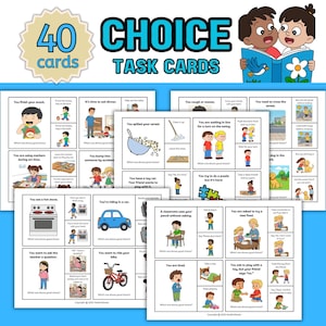 Puede incluir: Un conjunto de 40 tarjetas de tareas de elección con ilustraciones de situaciones cotidianas. Las tarjetas presentan imágenes de niños tomando decisiones, como comer, jugar e interactuar con otros. Las tarjetas están diseñadas para fines educativos.