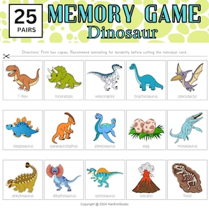 25 paires de jeu de mémoire de dinosaures ; Flashcard dinosaure ; Jeu de mémoire de dinosaure ; Jeu d'association de dinosaures ; Jeu d'exercice mental ; Jeu de mémoire imprimable