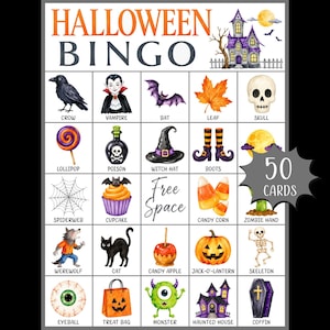 Utskrivbart Halloweenbingospel; Läskigt Halloweenfestspel; Läskigt bingo; Utskrivbart bingo; Läskigt festspel; Oktoberbingo