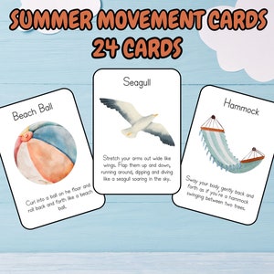 24 Cartões de movimento de verão para crianças; Cartões de preenchimento de tempo; Jogos de aprendizagem; Jogos de verão; Cartões de movimento; jogo criativo