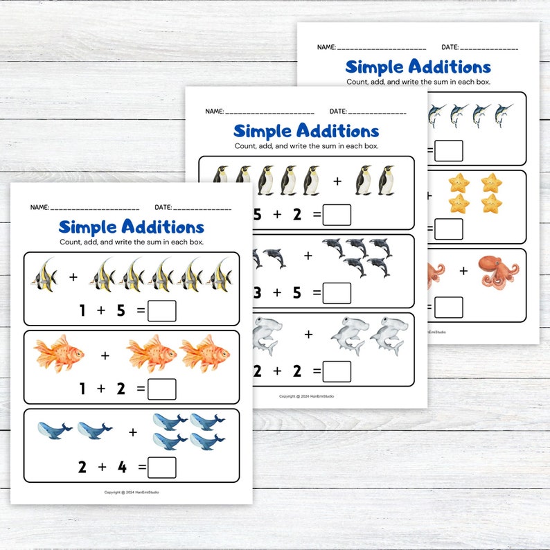 15 page sea animal simple addition worksheets for preschoolers and
