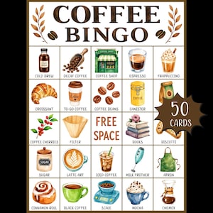 Peut inclure: Une carte de jeu Coffee Bingo avec une grille de vingt-cinq cases illustrées à l'aquarelle d'éléments liés au café comme un croissant, un expresso et un mousseur à lait. Le texte indique Coffee Bingo et 50 Cards, avec un espace libre central.