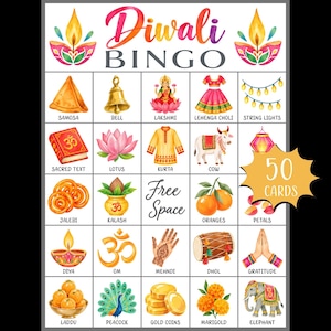 May include: A Diwali Bingo game card featuring a grid of watercolor illustrations including a samosa, bell, Lakshmi, lehenga choli, string lights, sacred text, lotus, kurta, cow, lantern, jalebi, kalash, oranges, petals, diya, om, mehndi, dhol, gratitude, laddu, peacock, gold coins, marigold, and elephant.