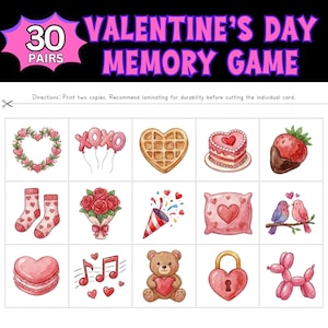Könnte beinhalten: Ein Valentinstags-Memory-Spiel mit 30 Kartenpaaren. Jede Karte zeigt Aquarellillustrationen von Herzen, Rosen, Süßigkeiten und anderen romantischen Symbolen. Der Titel des Spiels ist rosa und die Karten sind in einem Raster angeordnet.