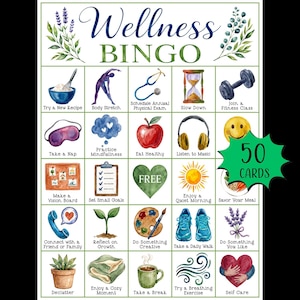 Pode incluir: Um cartão de jogo "Wellness Bingo" em aquarela com 25 quadrados, cada um com uma atividade de bem-estar como "Tirar uma soneca" e "Comer de forma saudável". O cartão inclui o texto "Wellness Bingo" e uma estrela verde que diz "50 Cartas".