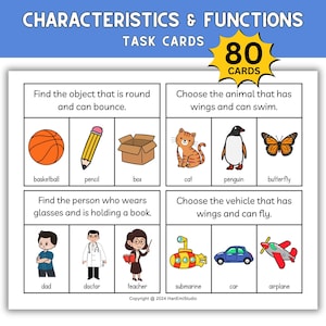 80 tarjetas de tareas de asociación de características y funciones; preguntas de interrogación; tarjetas de tareas de logopedia; tarjetas de tareas de funciones; educación especial