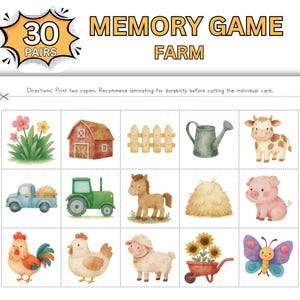 30 Pairs Farm Memory Game; Farm Animal Matching Cards; Farm Animals Matching Game; Memory Games for Kids; Memory Games for Seniors