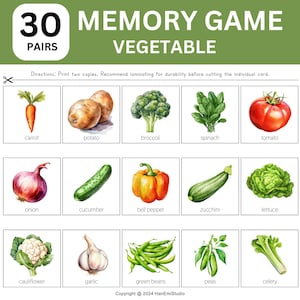 30 paires de jeux de mémoire de légumes ; Cartes assorties Légumes ; Jeu d'associations de légumes ; Jeux de mémoire ; Jeu de mémoire alimentaire ; Flashcards de légumes