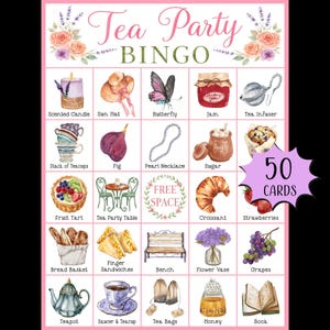 May include: A pink and white "Tea Party Bingo" game card with watercolor illustrations of tea party items. Includes a scented candle, sun hat, butterfly, jam, tea infuser, teacups, fig, pearl necklace, sugar, fruit tart, tea table, croissant, strawberries, bread basket, sandwiches, bench, flower vase, grapes, teapot, teacup, tea bags, honey, and a book.