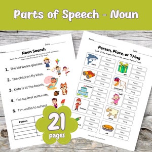 21 Noun Worksheets Bundle, Parts of Speech, Homeschool Printable, Sentence Building, Printable Worksheet, Grammar Practice.