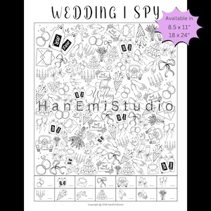 May include: Black and white "Wedding I Spy" activity sheet with various wedding-themed illustrations, including rings, cakes, and cars. The text "Happy Wedding" is featured, along with size options of 8.5 x 11 inches and 18 x 24 inches.