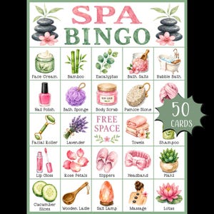 May include: A Spa Bingo game card featuring watercolor illustrations of spa items like face cream, bamboo, eucalyptus, bath salts, a bubble bath, nail polish, a bath sponge, body scrub, pumice stone, towels, shampoo, facial roller, lavender, and lotus.