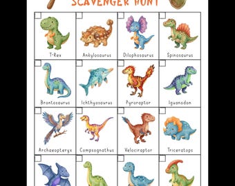 Caça ao Tesouro de Dinossauros para Imprimir; Jogo de Procurar e Encontrar com Lista Completa e Recortes de Dinossauros para Esconder; Atividades para Festa de Aniversário com Tema de Dinossauros