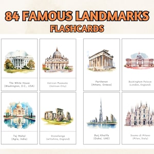 84 Weltberühmte Wahrzeichen; Sehenswürdigkeiten Karteikarten; Druckbare Karteikarte; Geographie Kartei; Monument Karte; Karteikarten für Kinder