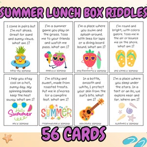 56 Sommer Lunch Box Rätsel für Kinder; Lunch Box Notizen; Rätsel für Kinder; Lunchbox-Karten; Lunchbox Witze für Kinder; Lunchbox Rätsel