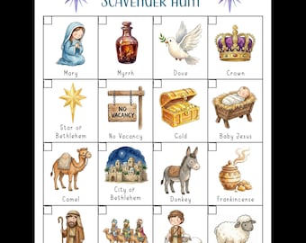 May include: A Nativity Scavenger Hunt game board with watercolor illustrations. The board includes images of Mary, Myrrh, Dove, Crown, Star of Bethlehem, No Vacancy sign, Gold, Baby Jesus, Camel, City of Bethlehem, Donkey, Frankincense, Joseph, Wise Men, Shepherd, and Sheep.