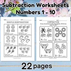 22-Page Simple Subtraction Worksheets for Preschoolers; Kindergarten math worksheet; Addition Worksheet; Picture Math; Subtraction Worksheet