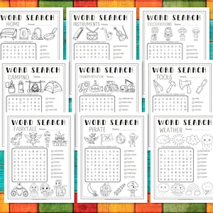 May include: A set of ten printable word search puzzles for kids. Each puzzle features a different theme, such as home, instruments, occupations, camping, transportation, tools, fairytale, pirate, and weather. The puzzles are black and white and have a fun, whimsical design.