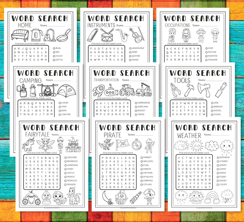 May include: A set of ten printable word search puzzles for kids. Each puzzle features a different theme, such as home, instruments, occupations, camping, transportation, tools, fairytale, pirate, and weather. The puzzles are black and white and have a fun, whimsical design.