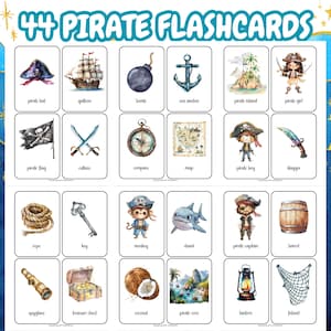 44 cartes-éclair de vocabulaire pirate à l'aquarelle pour enfants ; Les enfants apprennent des cartes flash ; Flashcard imprimable ; Flashcards pirates ; Flashcard de conte de fées