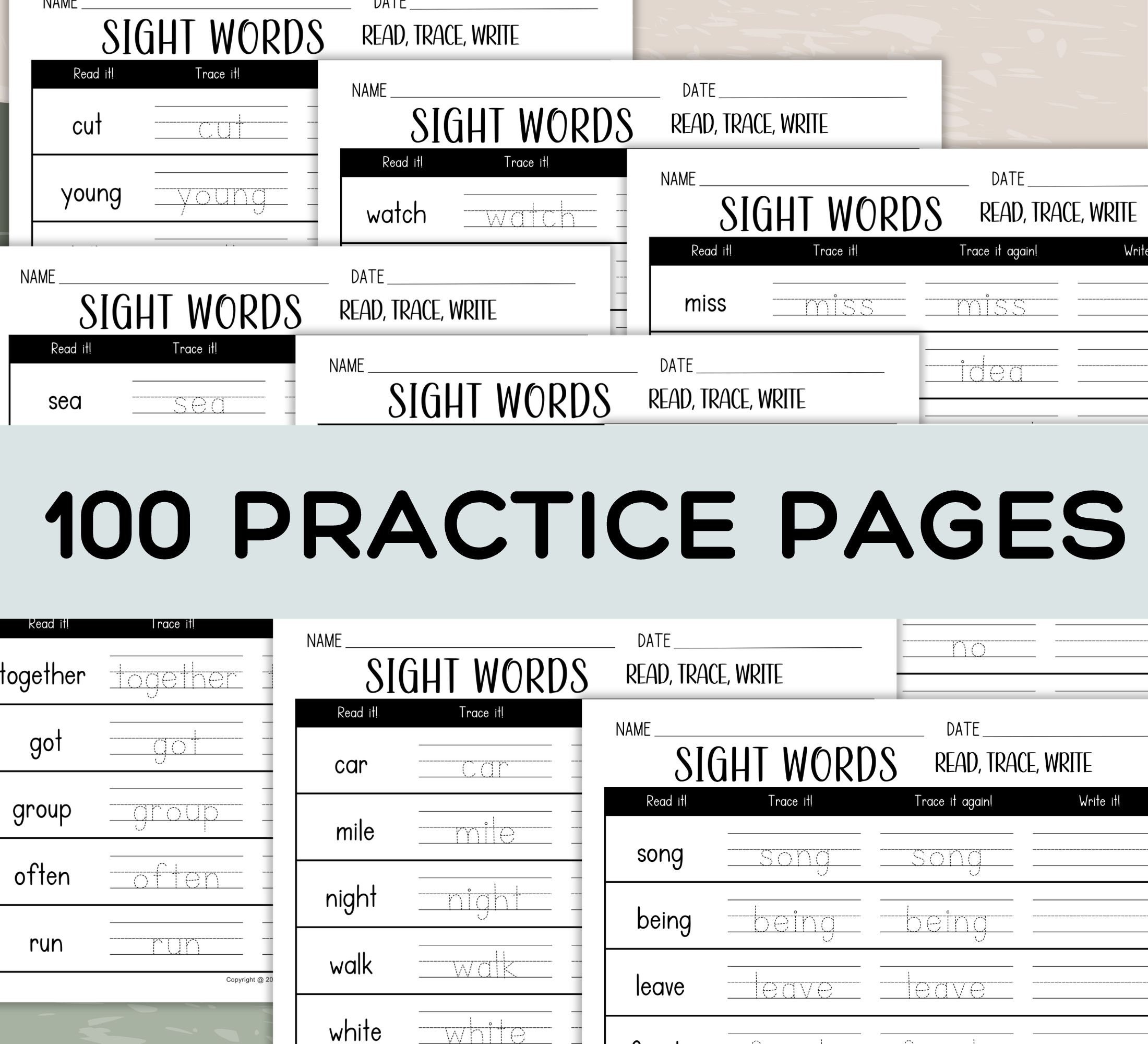 First 500 Sight Word Trace and Write Worksheet; Writing Practice Sheet