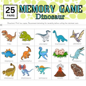25 Pairs Dinosaur Memory Game; Dinosaur Flashcard; Dinosaur Memory Game; Dinosaur Matching Game; Mental Exercise Game; Printable Memory Game