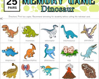 Juego de memoria de dinosaurios (25 pares); Tarjeta de memoria de dinosaurios; Juego de memoria de dinosaurios; Juego de emparejamiento de dinosaurios; Juego de ejercicio mental; Juego de memoria imprimible
