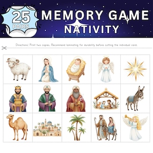 Juego de memoria del Nacimiento; Tarjetas navideñas cristianas imprimibles para niños; Actividad para la escuela dominical; Aprendizaje bíblico; Actividades de Adviento