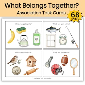 May include: Educational association task cards with illustrations. The cards feature various objects, including a banana, sponge, kettle, dish soap, fish, window, alarm clock, fishing rod, bird, birdhouse, coin, rolling pin, flashlight, football, helmet, and mirror.