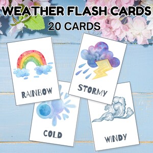 20 Flash Cards de Clima; Flashcards de Clima; Cartões de Nomenclatura em Aquarela; planilhas de clima; Aprenda sobre o clima; página de fichário ocupada