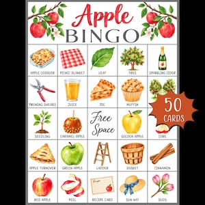 May include: An Apple Bingo game card featuring a grid of watercolor illustrations including apple cobbler, picnic blanket, leaf, tree, cider, shears, juice, pie, muffin, seedling, caramel apple, golden apple, core, turnover, green apple, ladder, basket, cinnamon, red apple, peel, recipe card, sun hat, and buds.