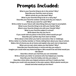 May include: A list of writing prompts for students. The prompts cover a variety of topics, including personal experiences, creative writing, and social issues.