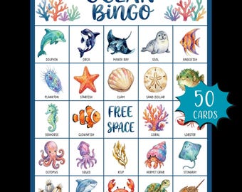 Gra do druku „Ocean Bingo”; Aktywność na urodzinowym przyjęciu pod wodą; Bingo ze zwierzętami morskimi dla dzieci; Letnia gra klasowa; Przyjęcie ze zwierzętami morskimi