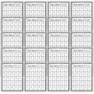 May include: A worksheet for 2-digit addition problems, with and without regrouping. The black and white pages feature rows of math problems with space for answers, and the title "2 Digit Addition".