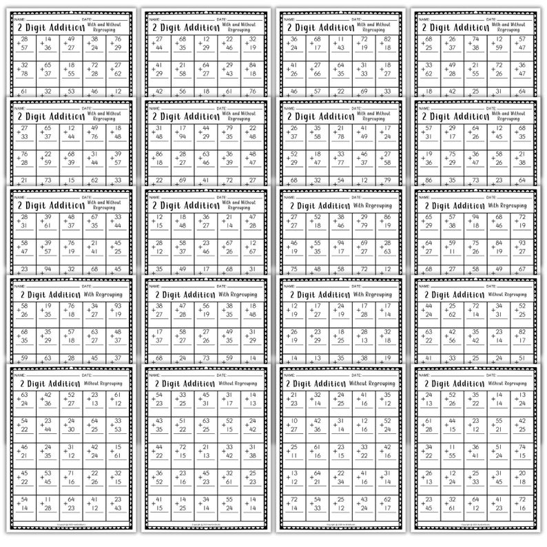 May include: A worksheet for 2-digit addition problems, with and without regrouping. The black and white pages feature rows of math problems with space for answers, and the title "2 Digit Addition".