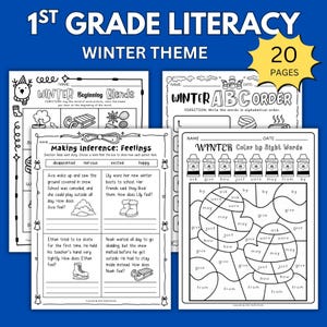 May include: Educational worksheets for 1st grade literacy with a winter theme. Includes pages for beginning blends, ABC order, and color by sight words. Features illustrations of winter-related objects and activities.