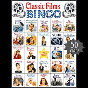 May include: A Classic Films Bingo game card featuring a grid of 25 squares, each displaying a title and illustration of a famous movie. The header includes film reels and the text Classic Films BINGO. A black starburst graphic states 50 CARDS.