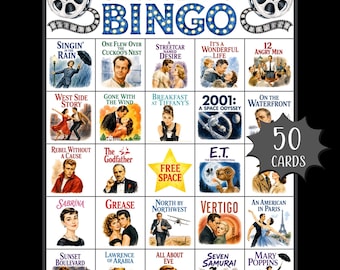 Classic Films Bingo Printable; Classic Movies Game; Decades Bingo Game, Senior Home Activities; 1950s Bingo; 1960s; 1970s; Movie Night Bingo
