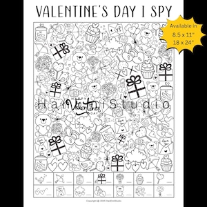 May include: Black and white Valentine's Day I Spy activity sheet. The sheet features various Valentine's Day themed images, including hearts, gifts, cupcakes, and teddy bears. The text "Valentine's Day I Spy" is at the top.