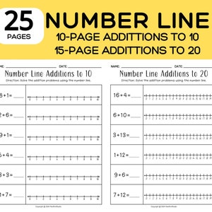 May include: Black and white printable worksheet with number lines for addition problems. The worksheet is divided into two sections: Number Line Additions to 10 and Number Line Additions to 20. Each section has six addition problems with number lines to help solve the problems.