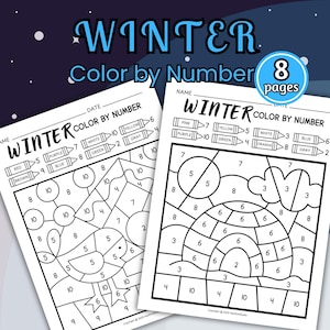 Puede incluir: Dos páginas de actividades en blanco y negro "Winter Color by Number". Las páginas presentan ilustraciones con temas de invierno y claves de color. El texto "Winter Color by Number" se muestra en la parte superior, con "8 páginas" en un círculo azul.