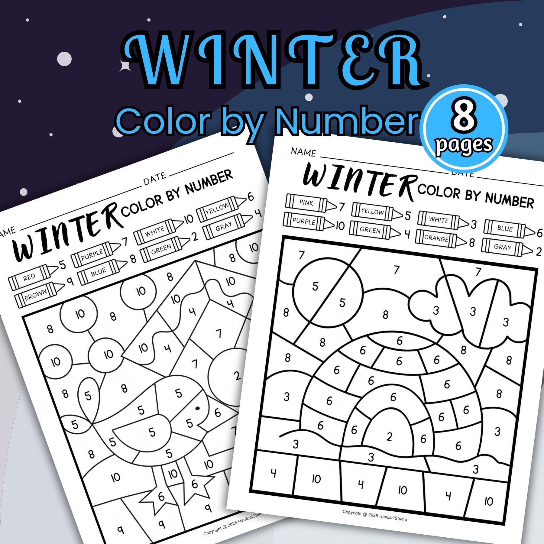 Winter Color by Number (1 – 10); 8 Printable Pages; Coloring Page for ...