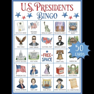 Utskrivbart bingospel om amerikanska presidenter; Bingo för presidentdagen; Klassrumshistoriespel; USA:s historia; Bildkort om amerikanska presidenter; Trivia om presidenter