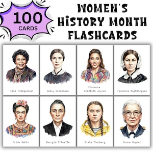May include: Flashcards for Women's History Month, featuring portraits of notable women like Ella Fitzgerald, Frida Kahlo, and Greta Thunberg. The set includes 100 cards, perfect for educational use or as a gift.