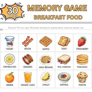 Puede incluir: Un juego de memoria con alimentos para el desayuno. Las cartas ilustradas presentan yogur, tocino, gofres, tostadas, fresas, huevos revueltos, salchichas, patatas fritas, sándwiches de mantequilla de cacahuete y mermelada, panqueques y más.