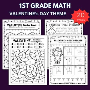 Könnte beinhalten: Mathematik-Arbeitsblätter zum Thema Valentinstag für die 1. Klasse. Enthält Zahlenbindungen, Wortprobleme, Addition nach Farbcode und Code-Knacker-Aktivitäten. Jedes Arbeitsblatt enthält Grafiken und Anweisungen zum Valentinstag. Das Set umfasst 20 Seiten.