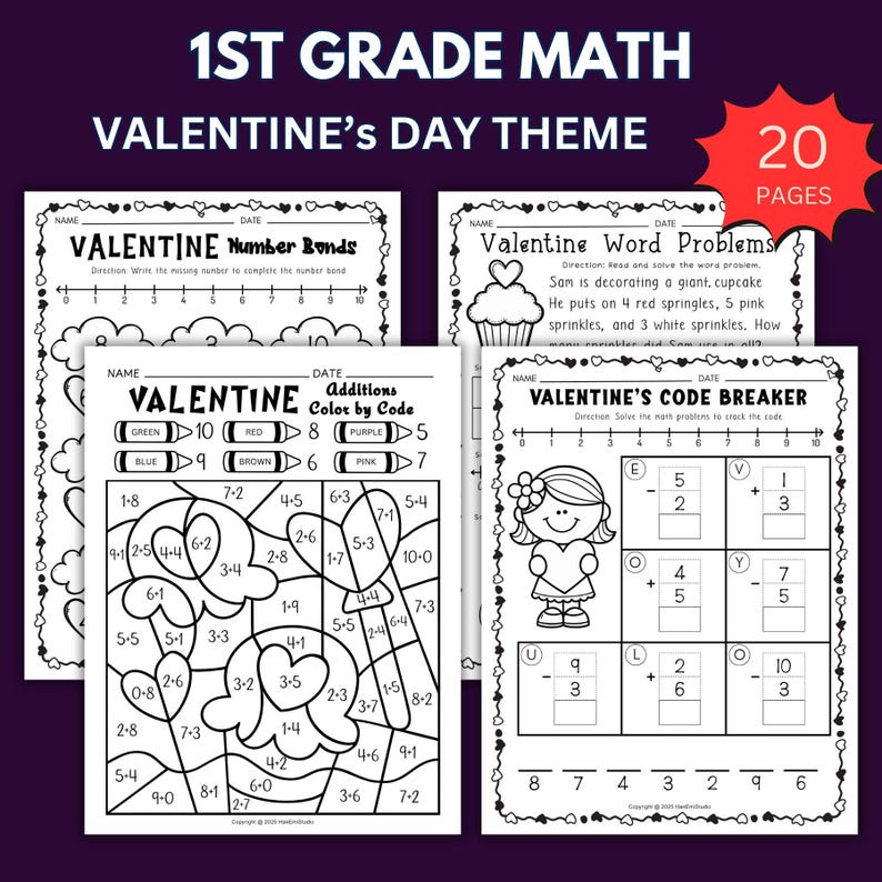 Valentine’s Day First Grade Math Bundle; Printable First Grade Math ...