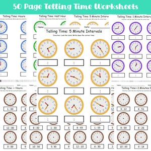 May include: A set of printable worksheets for learning to tell time. The worksheets feature various clock faces with different time intervals, including hours, half hours, 5-minute intervals, and 1-minute intervals. The worksheets are designed for children to practice reading analog clocks.