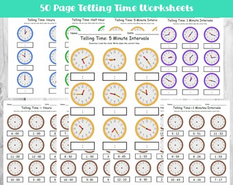 50 Seiten Zeit sagen Arbeitsblätter; Arbeitsblatt zum Lesen der Uhr; Arbeitsblatt für die Hauptschule; Kindergarten Mathe-Arbeitsblatt; Prek Mathe druckbar;