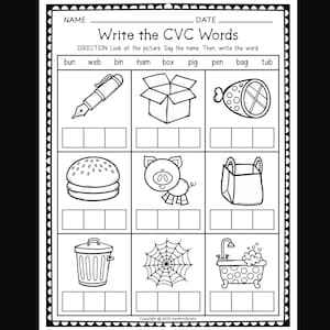 Puede incluir: Hoja de trabajo en blanco y negro titulada "Write the CVC Words" con ilustraciones de un bolígrafo, una caja, jamón, hamburguesa, cerdo, bolsa, cubo de basura, telaraña y bañera. Incluye espacios en blanco para cada palabra.